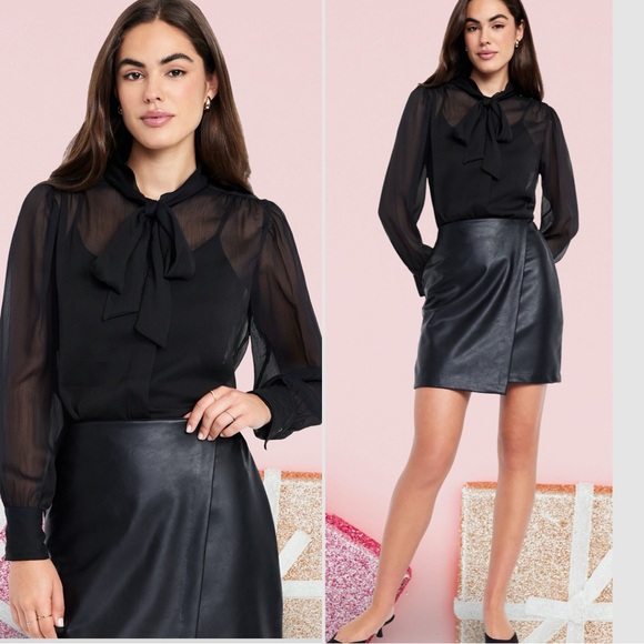 NWTS💓THE OCCASION L💓BLACK SHEER CHIFFON & (FAUX) LEATHER WRAP SKIRT BUNDLE SET💓 - Picture 2 of 14